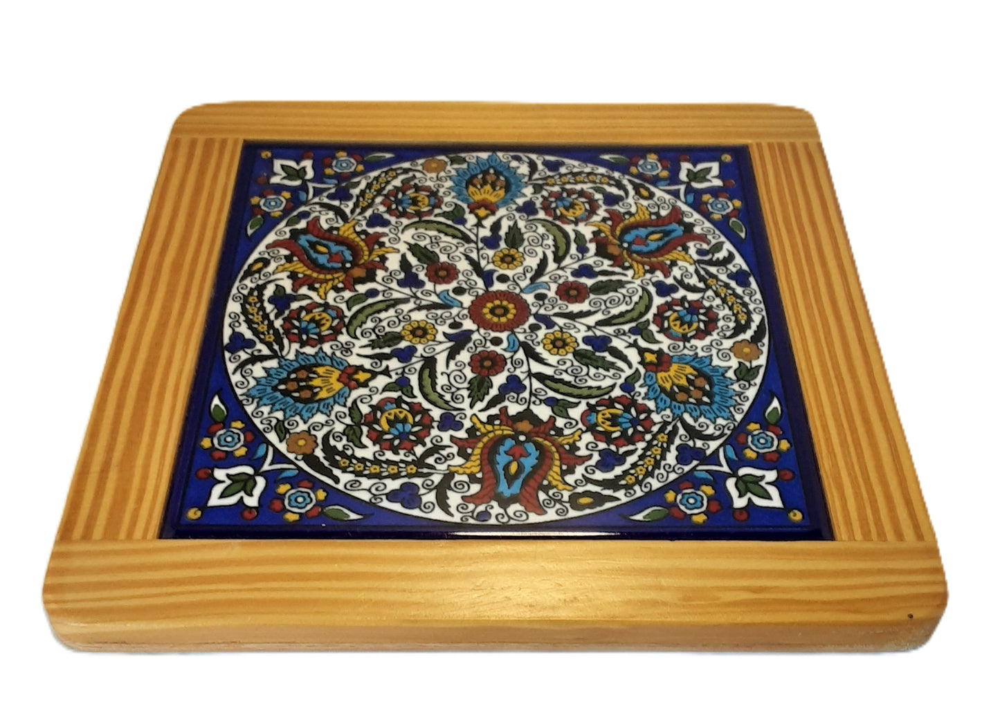 Ceramic & Olive Wood Tile Coaster- Flowers