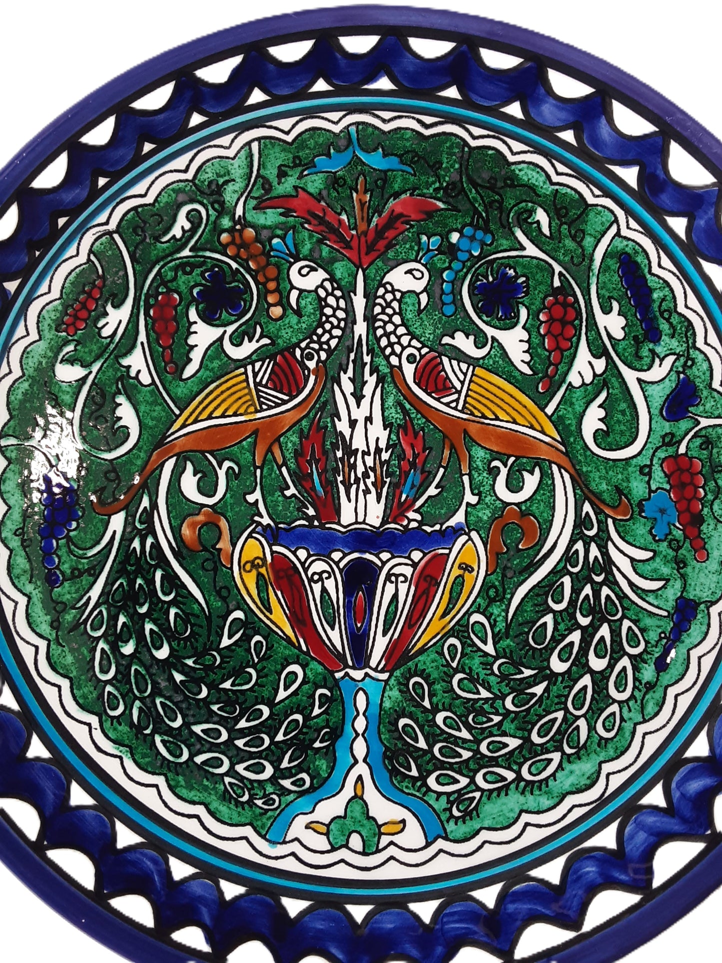 Handmade Palestinian Ceramic Plate- Peacoks Green