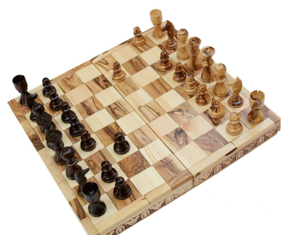 Handmade Olive Wood Chess Board With Detailed Individually Carved Figures Small