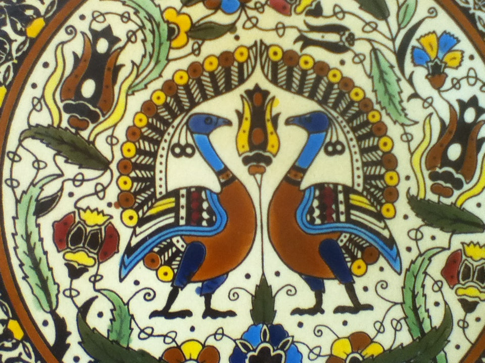 Handmade Palestinian Ceramic Plate- Peacocks Brown