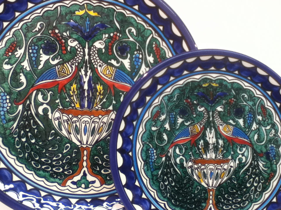 Handmade Palestinian Ceramic Plate- Peacoks Green