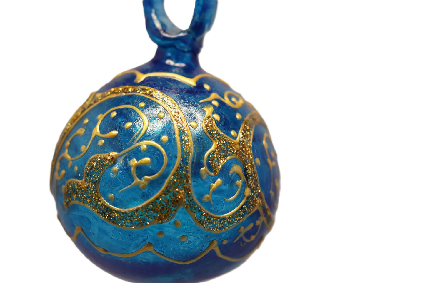 Golden Glittered Light Blue Blown Glass Ball Ornament