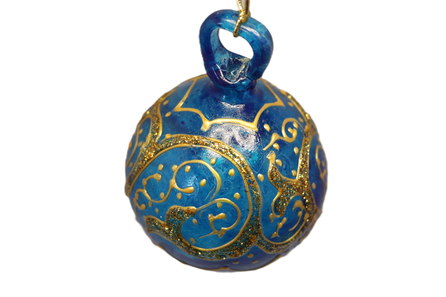 Golden Glittered Light Blue Blown Glass Ball Ornament