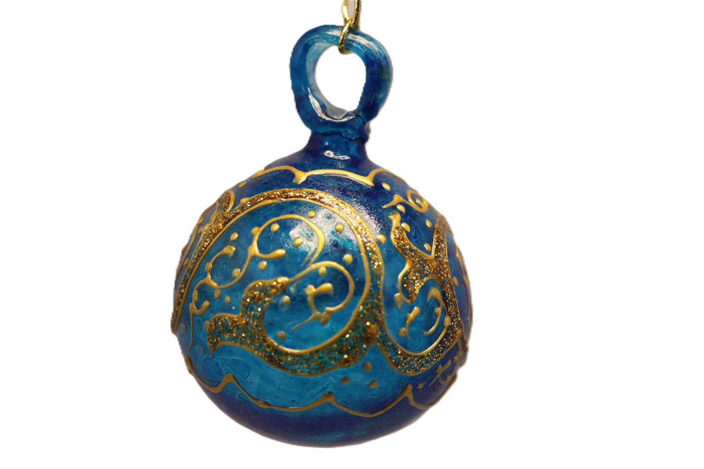 Golden Glittered Light Blue Blown Glass Ball Ornament