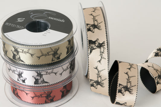 stags head print on bi-colour ribbon 25mm