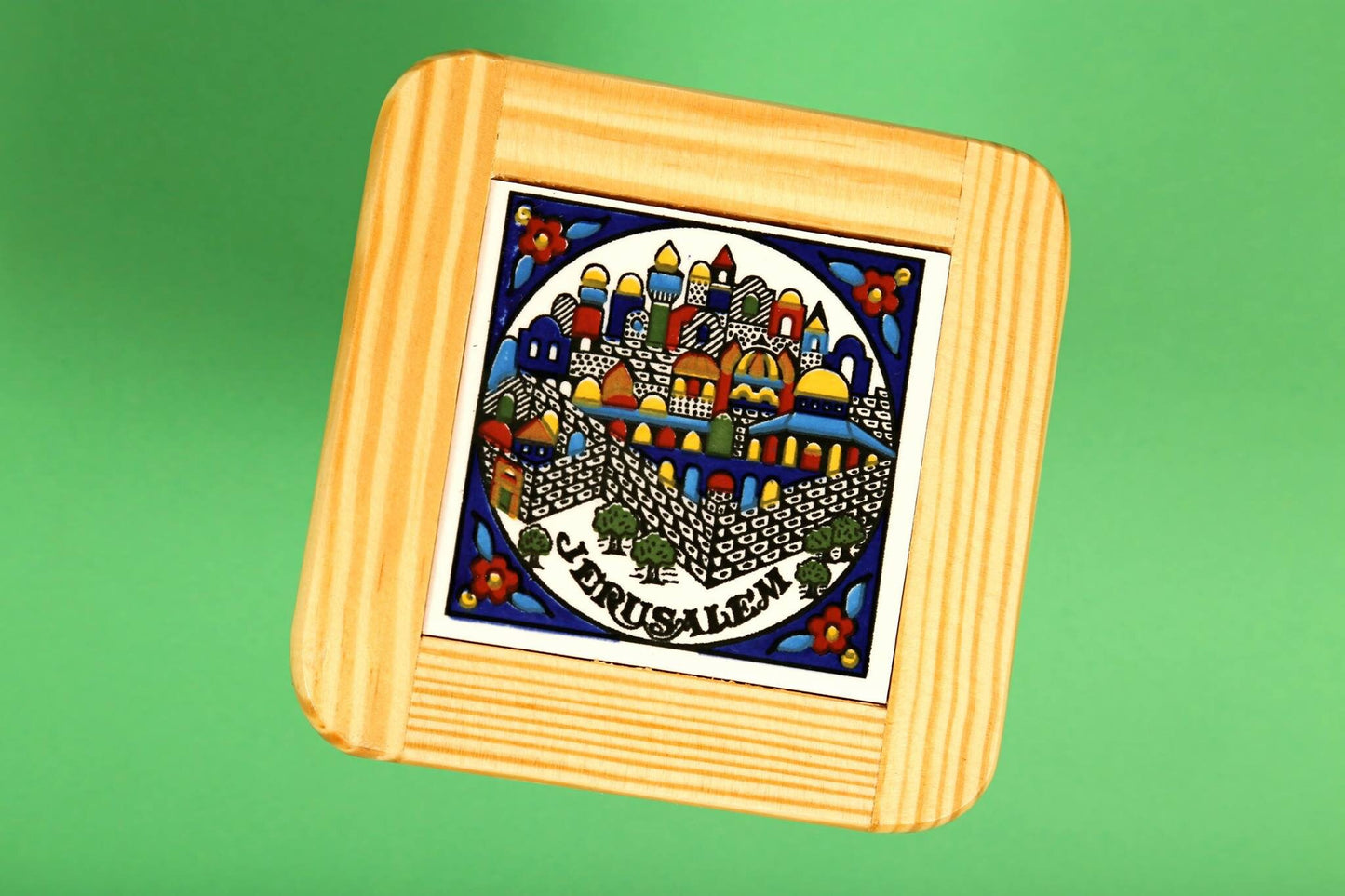 Olive wood , Ceramic Coaster- Jerusalem Deisgn. Made in Palestine