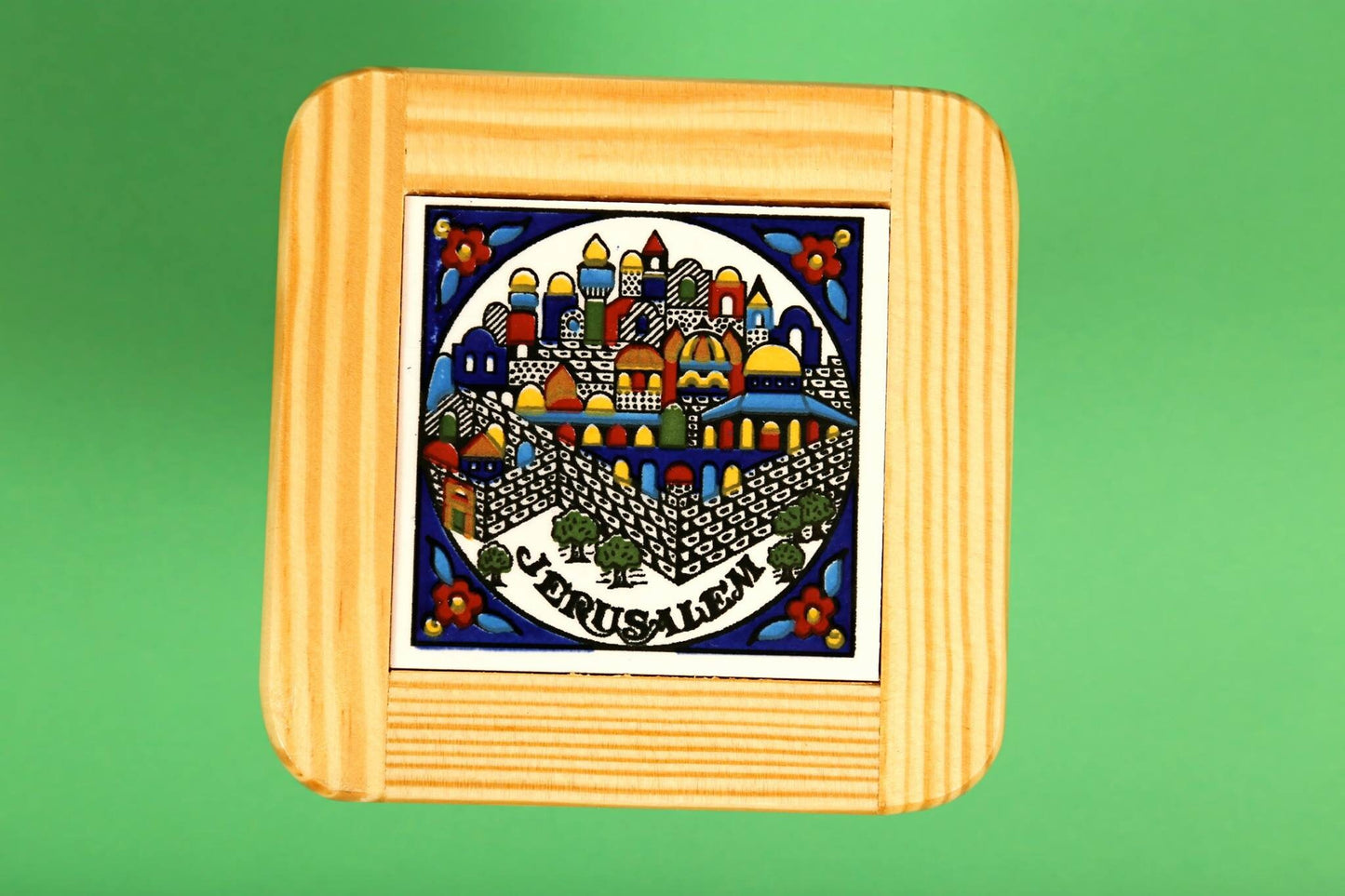 Olive wood , Ceramic Coaster- Jerusalem Deisgn. Made in Palestine