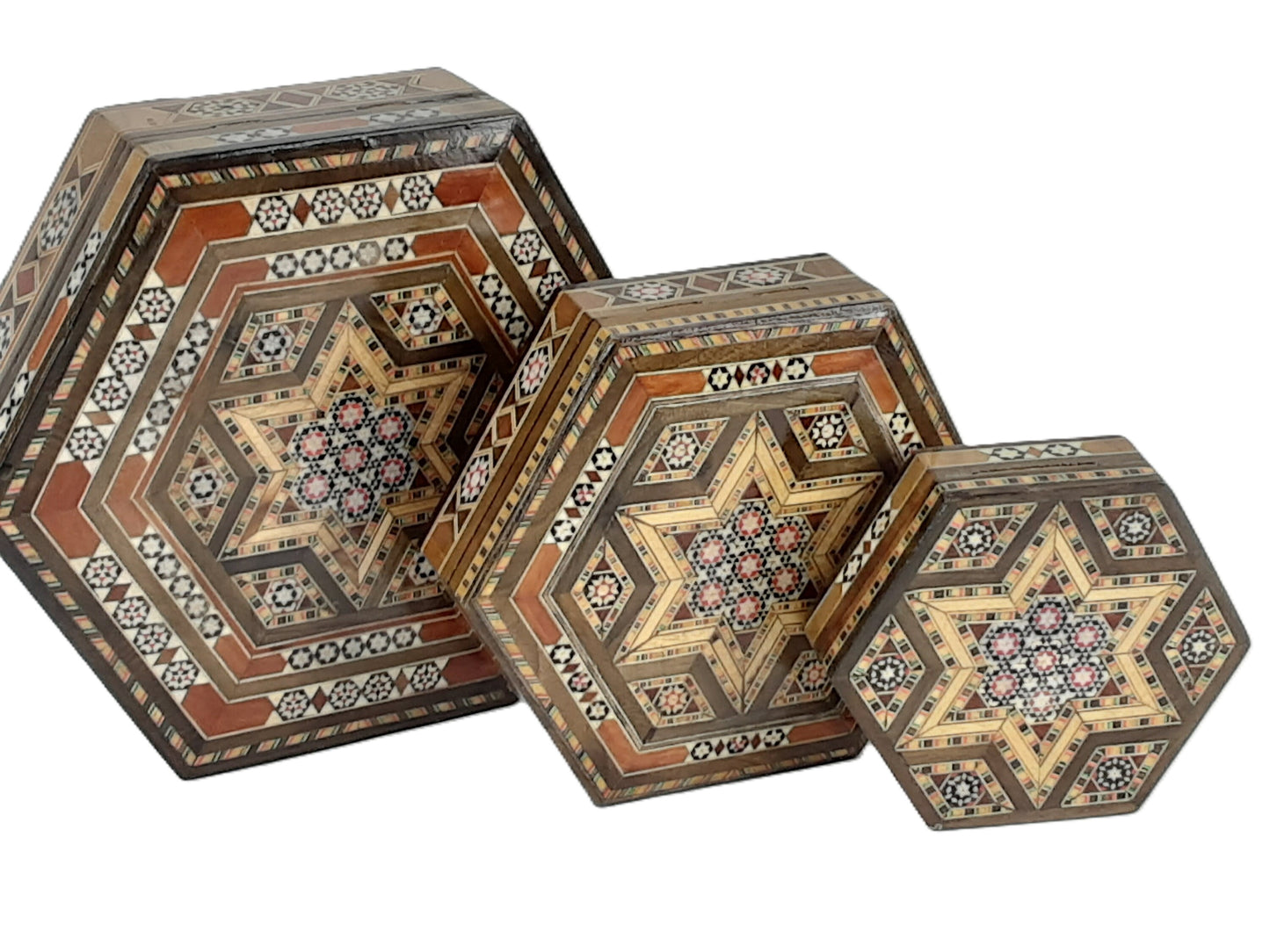 Syrian Walnut mosaic Wooden Jewellery Box with mother of pearl inlay Set of 3