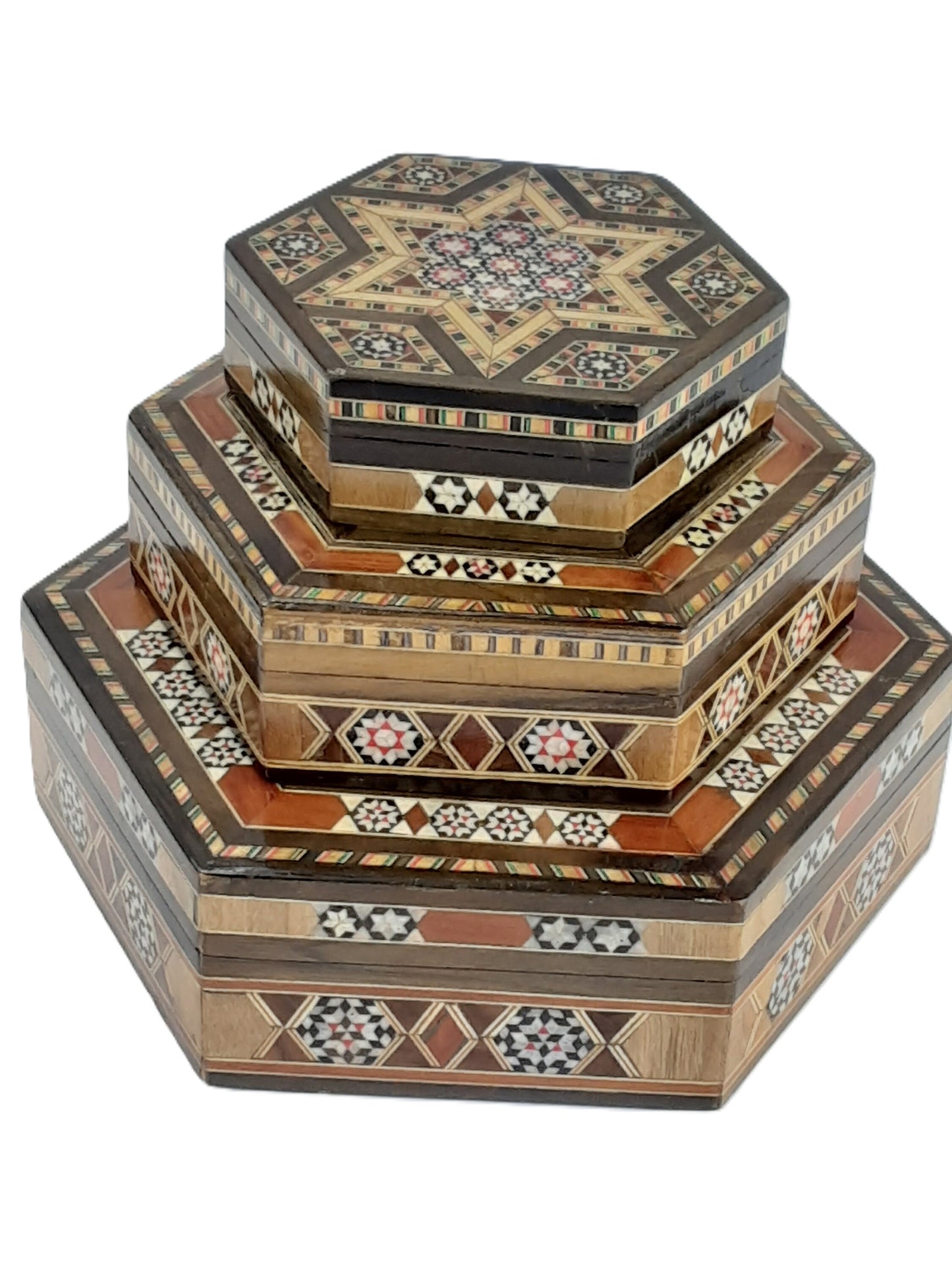 Syrian Walnut mosaic Wooden Jewellery Box with mother of pearl inlay Set of 3