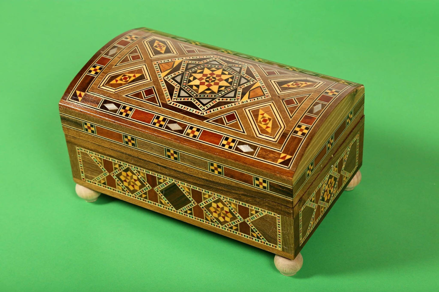 Syrian Walnut mosaic Wooden Jewellery Box with mother of pearl inlay & legs