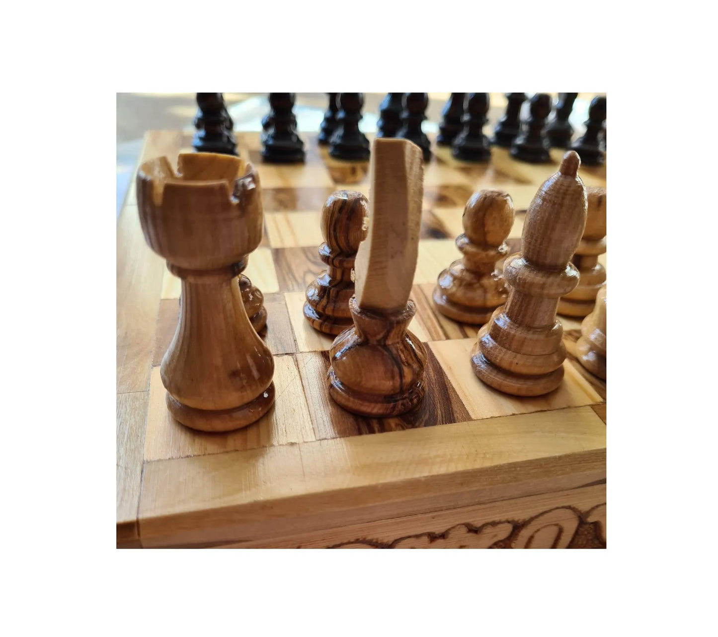 Handmade Olive Wood Chess Board With Detailed Individually Carved Figures Small