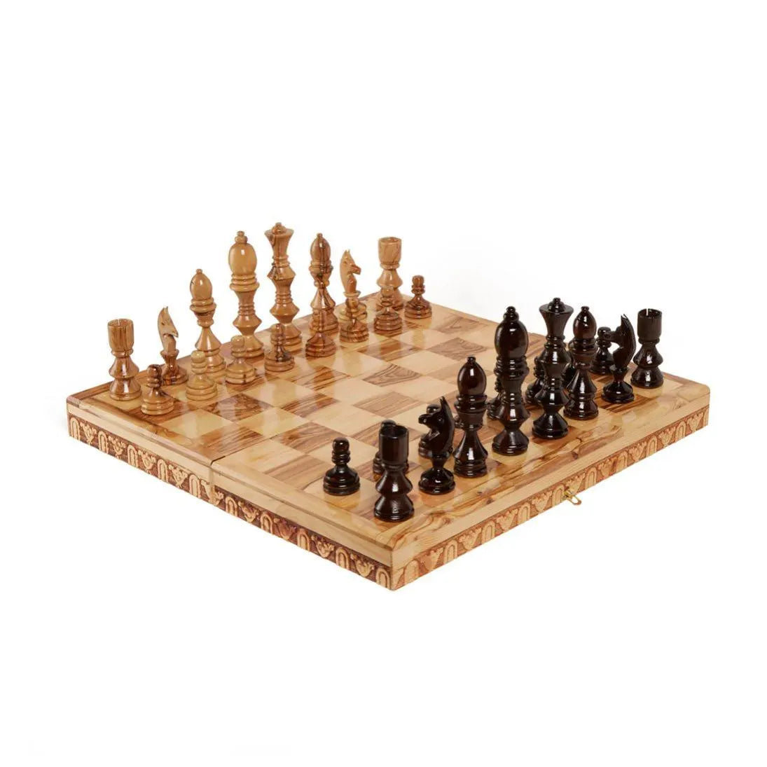 Handmade Olive Wood Chess Board With Detailed Individually Carved Figures Small