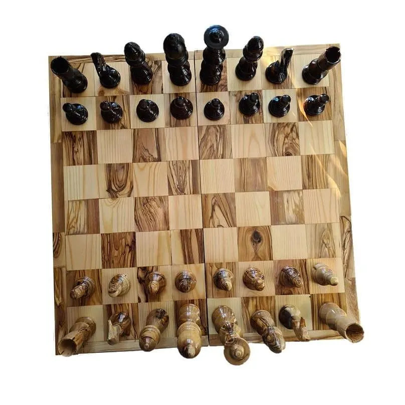 Handmade Olive Wood Chess Board With Detailed Individually Carved Figures Small