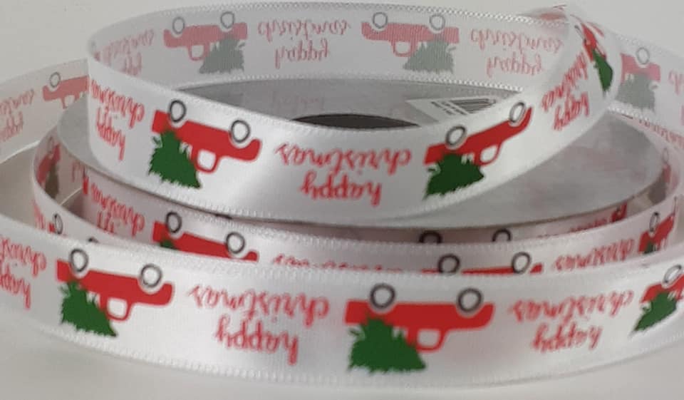 Christmas Ribbon: Satin: Car with Christmas Tree: 15mm