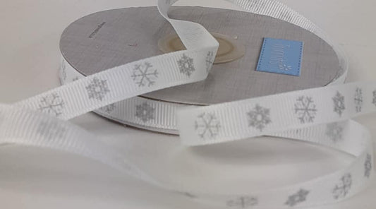 Christmas Ribbon: Grosgrain: Metallic Snowflakes 10mm