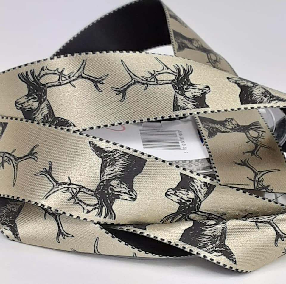 stags head print on bi-colour ribbon 25mm