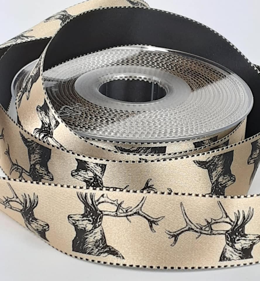 stags head print on bi-colour ribbon 25mm