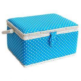 Medium Spotty Sewing Box, White on Blue Polka Dot Printed Fabric, 26x19x15cm
