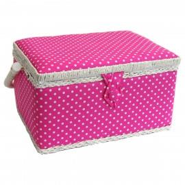 Medium Spotted Sewing Box, White on Pink Polka Dot Printed Fabric, 26x19x15cm