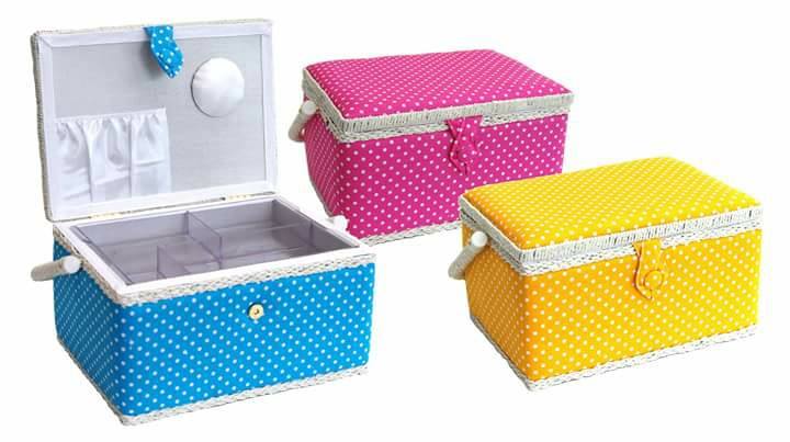 Medium Spotty Sewing Box, White on Blue Polka Dot Printed Fabric, 26x19x15cm