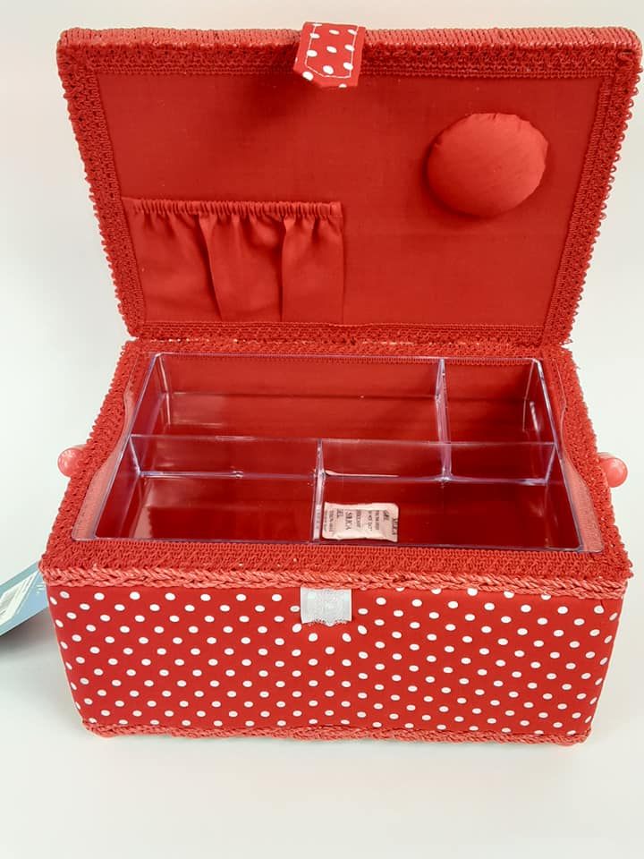 Medium Spotty Sewing Box, White on Red Polka Dot Printed Fabric, 26x19x15cm