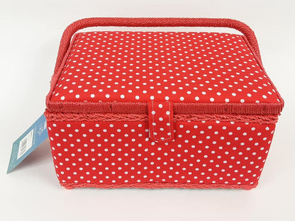 Medium Spotty Sewing Box, White on Red Polka Dot Printed Fabric, 26x19x15cm