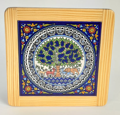 Ceramic & Olive Wood Tile Coaster Tree of Life