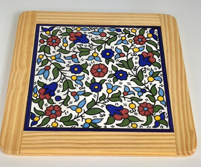 Ceramic & Olive Wood Tile Coaster  multi-coloured