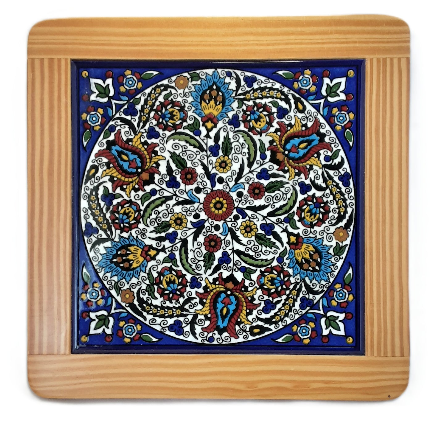 Ceramic & Olive Wood Tile Coaster- Flowers