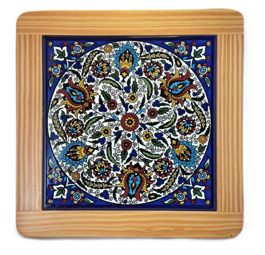 Ceramic & Olive Wood Tile Coaster- Flowers