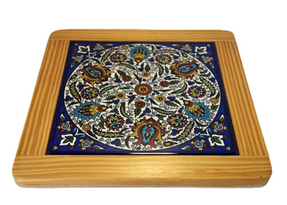 Ceramic & Olive Wood Tile Coaster- Flowers