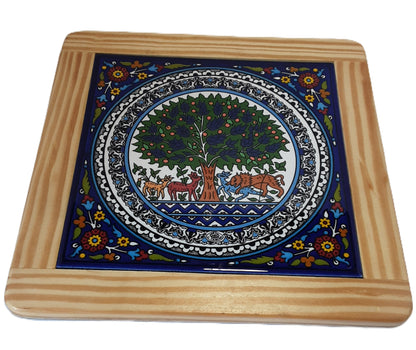 Ceramic & Olive Wood Tile Coaster Tree of Life