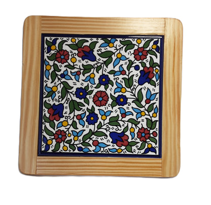 Ceramic & Olive Wood Tile Coaster  multi-coloured