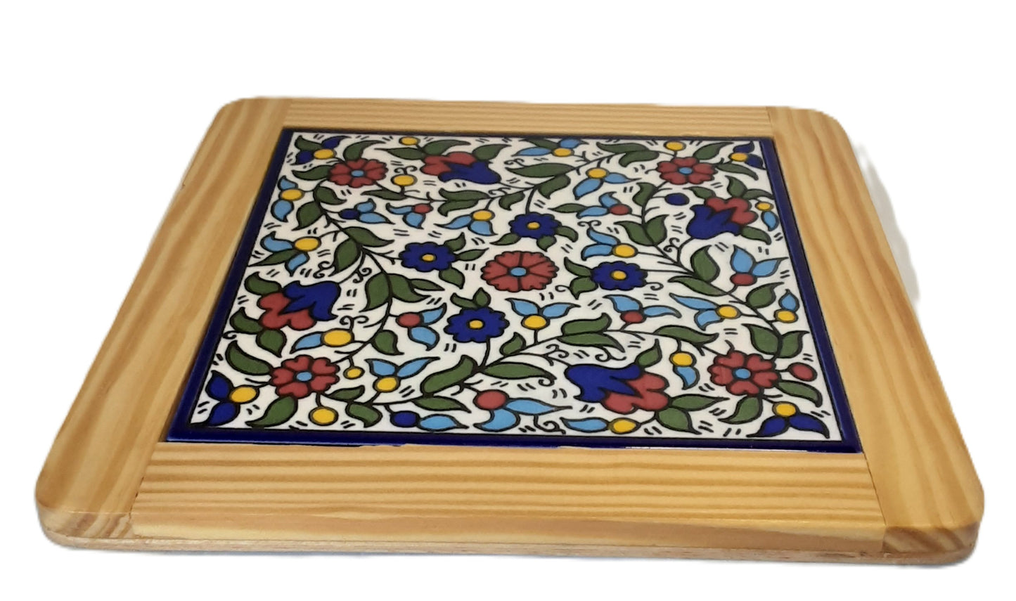 Ceramic & Olive Wood Tile Coaster  multi-coloured