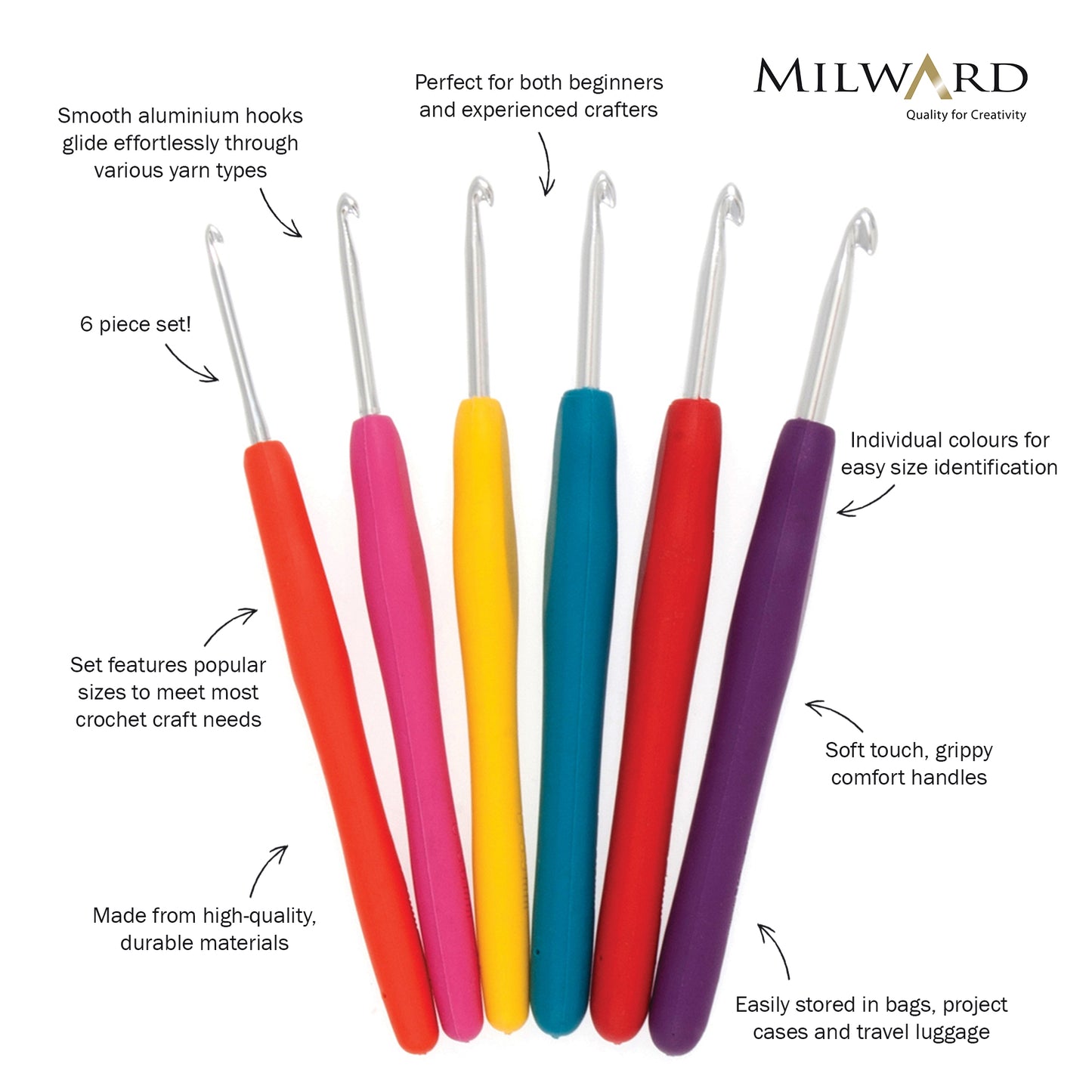 Crochet Hook Set: Soft-Grip Rubber Handles: 14cm x 2.50 - 5.00mm: Pack of 6