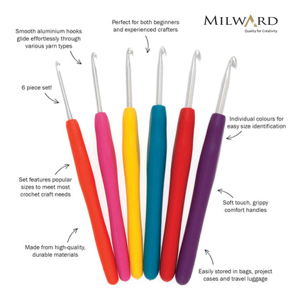 Crochet Hook Set: Soft-Grip Rubber Handles: 14cm x 2.50 - 5.00mm: Pack of 6