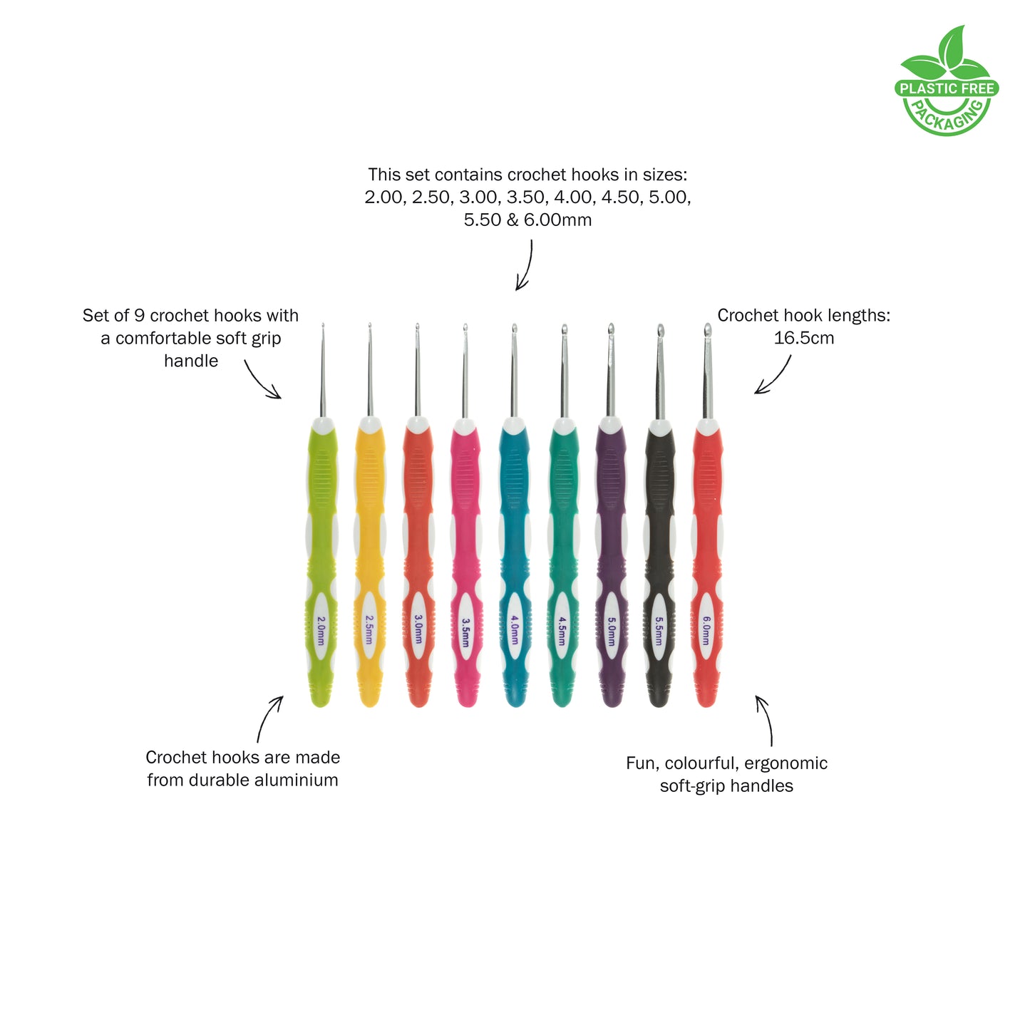 Crochet Hook Set: Soft Grip: 16.5cm x 2.00 - 6.00mm: Pack of 9