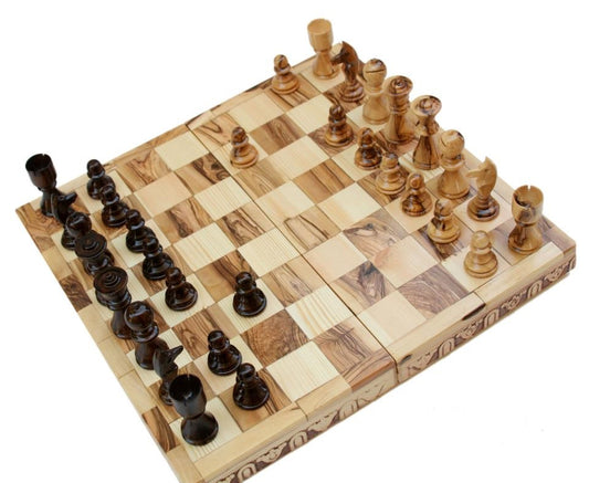 Handmade Olive Wood Chess Board With Detailed Individually Carved Figures Small