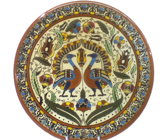 Handmade Palestinian Ceramic Plate- Peacocks Brown