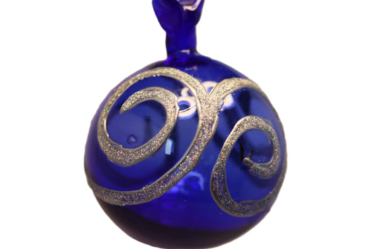 Silver  Glittered Light Blue Blown Glass Ball Ornament