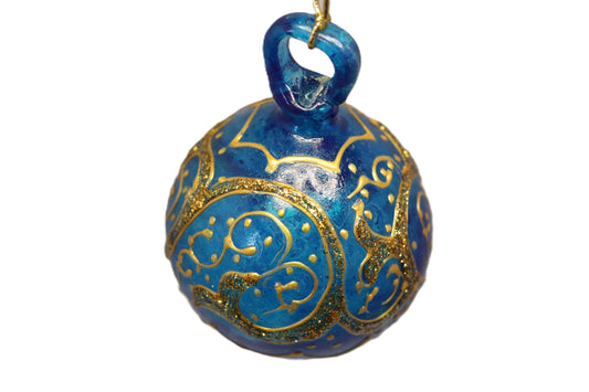 Golden Glittered Light  Blue Blown Glass Ball Ornament