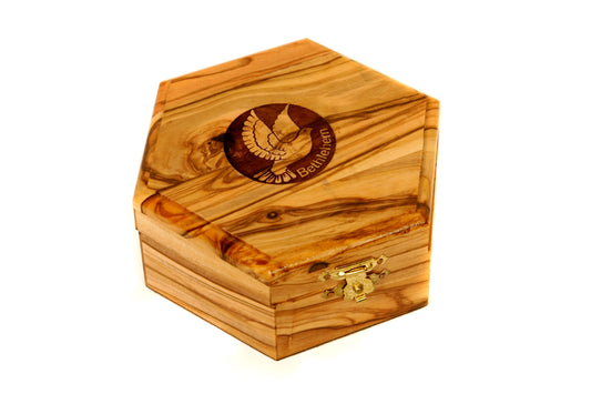 Hexagonal Shape Jewellery Box, Hand Made in Bethlehem from olive Wood