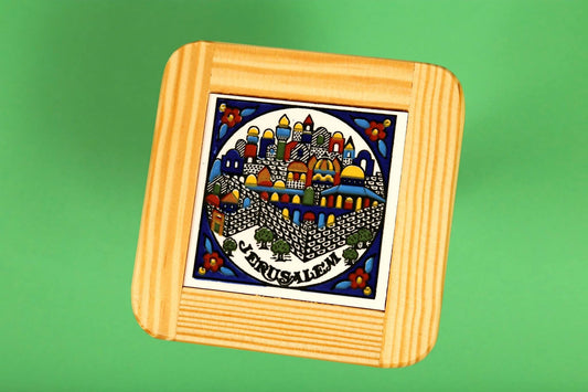 Olive wood , Ceramic Coaster- Jerusalem Deisgn. Made in Palestine