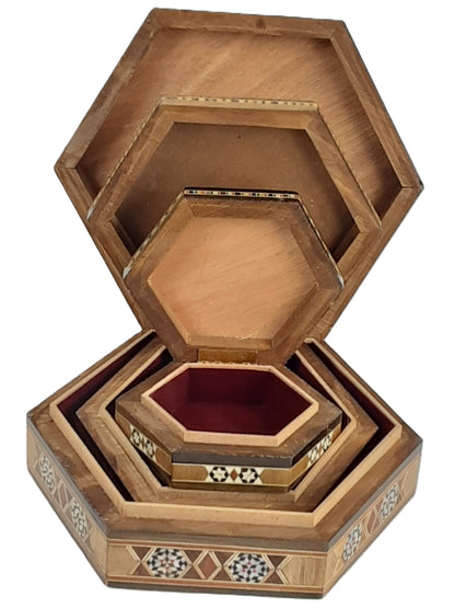 Syrian Walnut mosaic Wooden Jewellery Box with mother of pearl inlay Set of 3