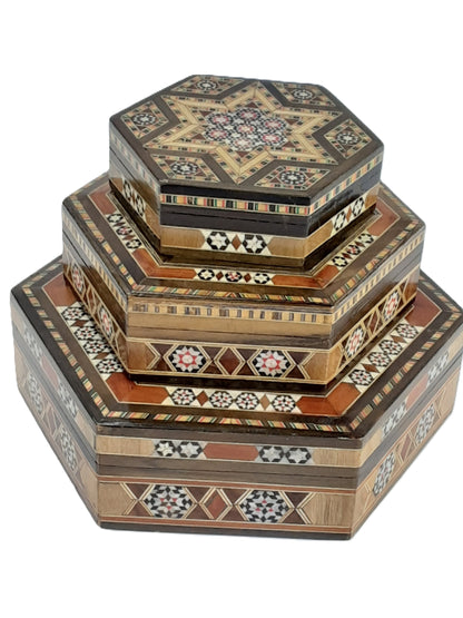 Syrian Walnut mosaic Wooden Jewellery Box with mother of pearl inlay Set of 3