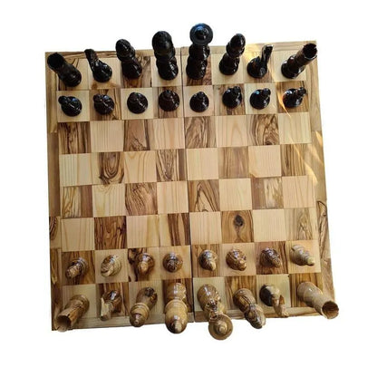 Handmade Olive Wood Chess Board With Detailed Individually Carved Figures Small