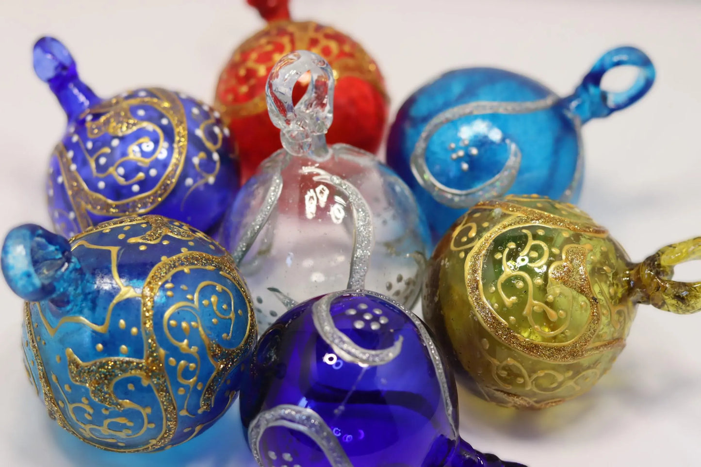 Golden Glittered Blue Blown Glass Ball Ornament