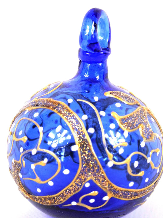 Golden Glittered Blue Blown Glass Ball Ornament
