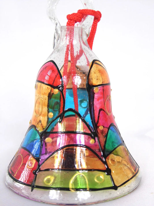 Hand painted Christmas glass bauble in a bell shape- Jerusalem Design