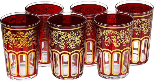 Moroccan Tea Glasses Painted and Decorated by Hand Pack of 6- Red